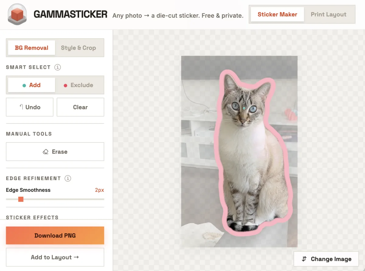 GammaSticker cutting a cat photo out of its background and adding a pink die-cut border in the browser